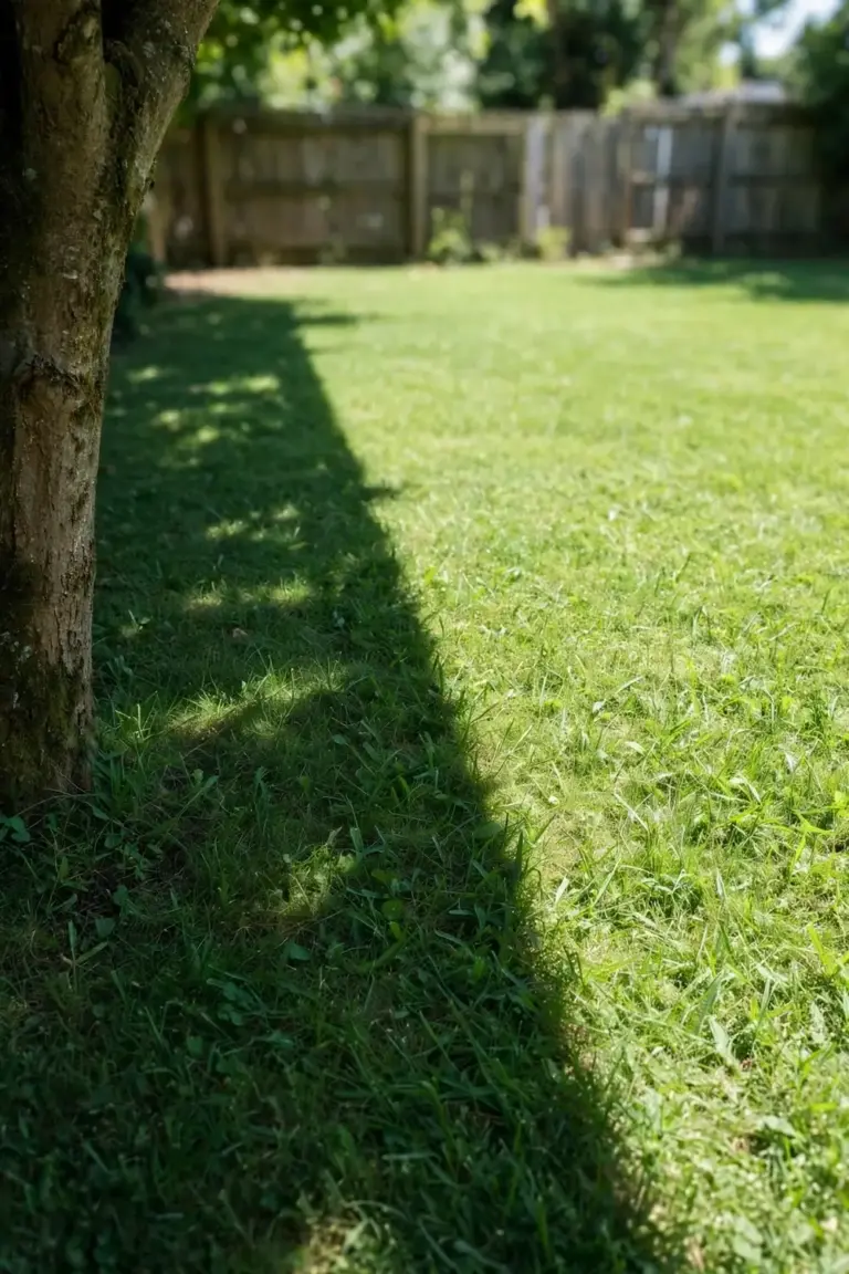 Lawn half in bright sun and half in tree shade with a long shadow line