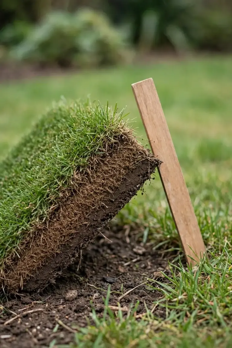 Lifted turf wedge beside a ruler showing the brown thatch layer