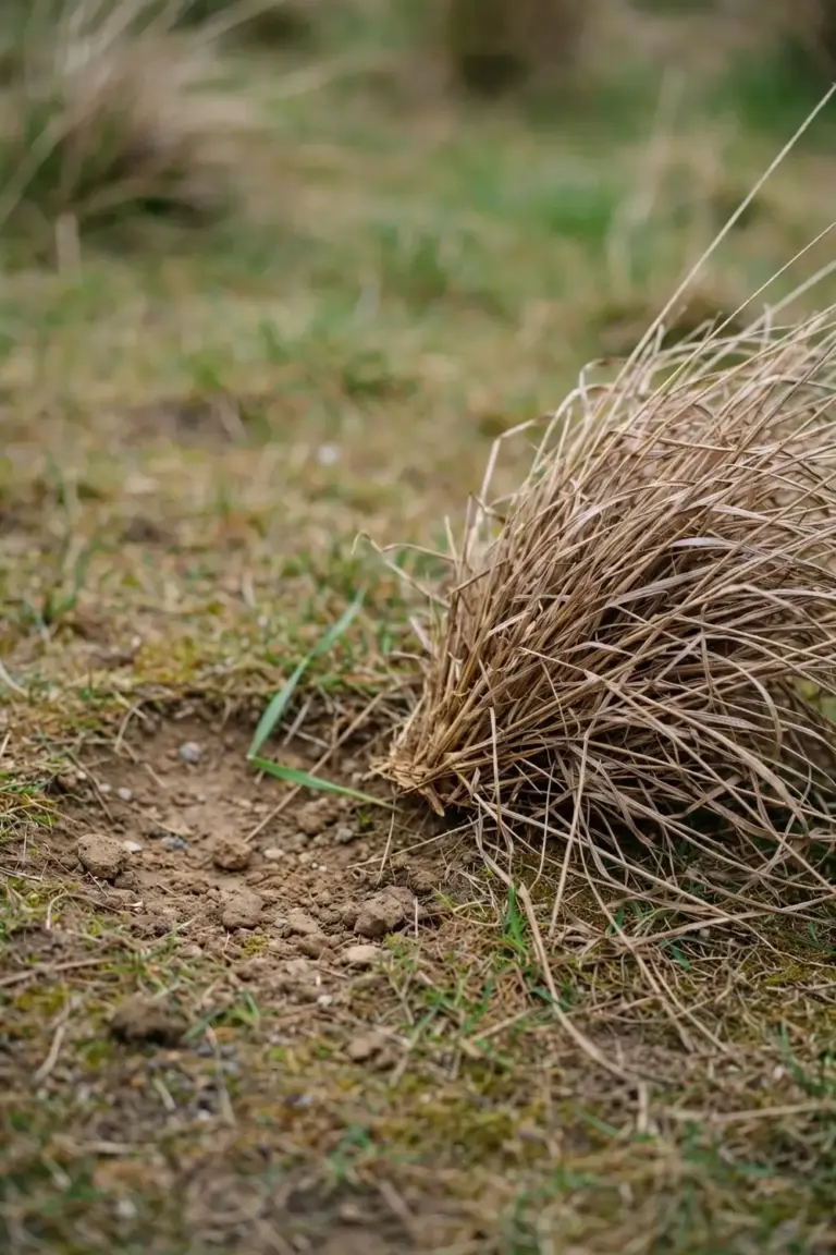 Brown grass tuft pulled up showing dry blades with no roots attached