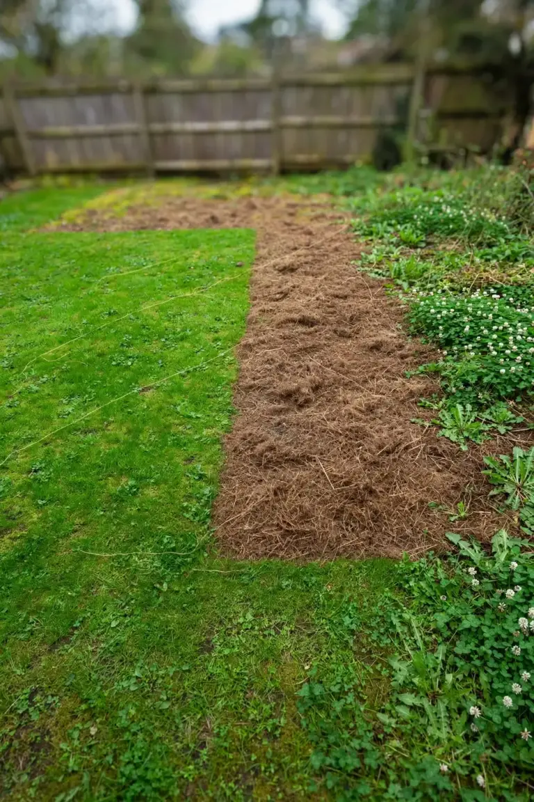 Lawn with test results marked out: green areas, a thatch patch, and a weedy corner