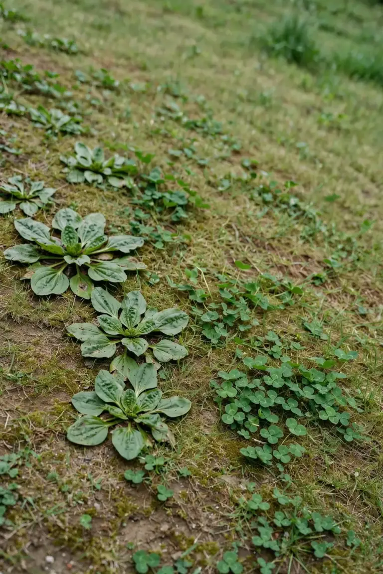 Lawn with broadleaf weeds and clover scattered through thin grass