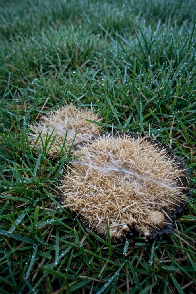 Round bleached dollar spot patches on Buffalo turf in morning dew