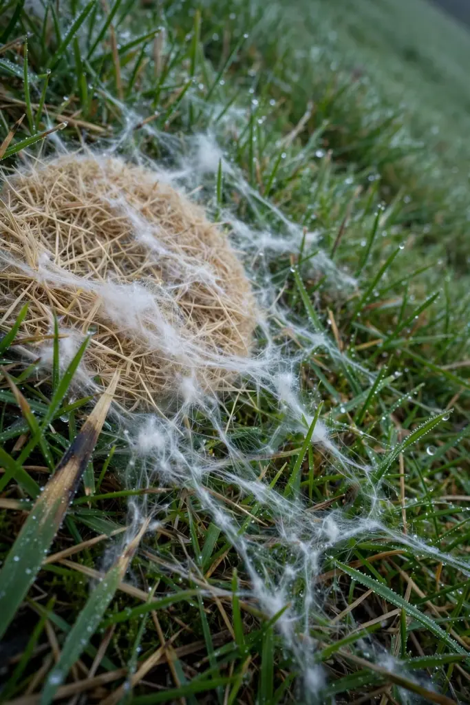 Circular straw-colored patches with cottony threads in morning dew on turf