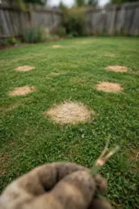 Home lawn with round straw-colored dollar spot patches and a blade with an hourglass lesion