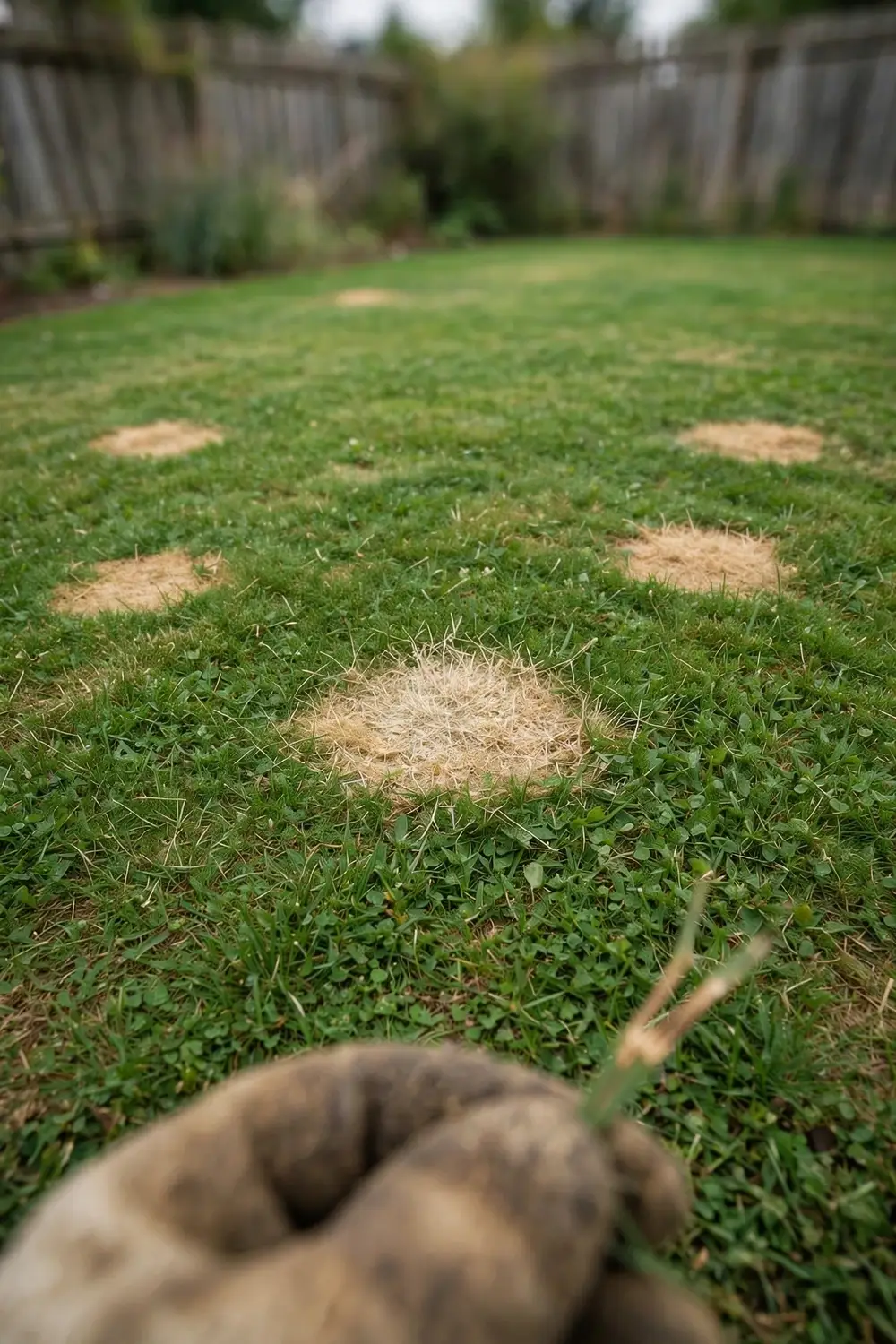 Home lawn with round straw-colored dollar spot patches and a blade with an hourglass lesion
