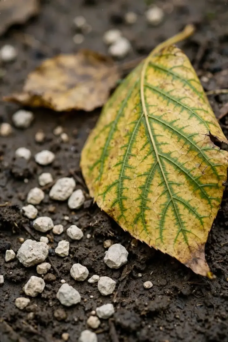 Dolomite granules beside an older leaf yellowed between the veins