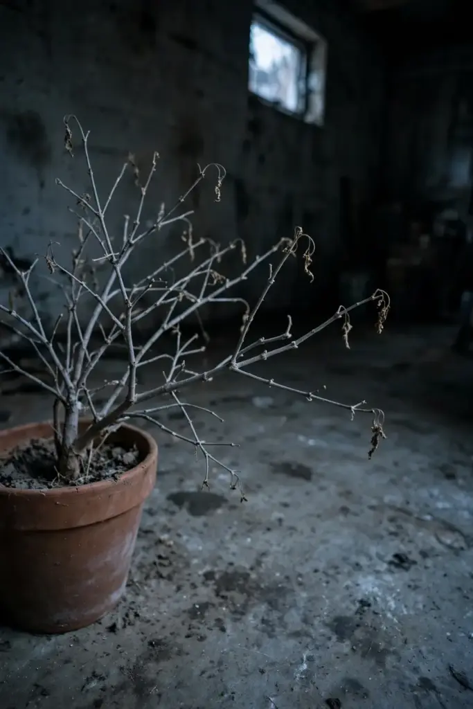 Dormant leafless moringa tree in a pot stored in a dim garage for winter