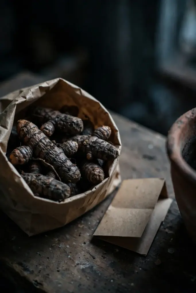 Dormant black turmeric rhizomes resting in a paper bag for winter