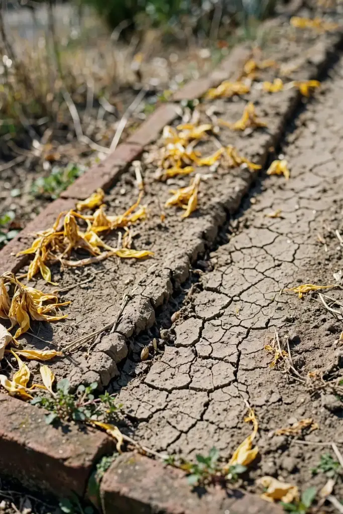 Dry cracked garden soil in late summer where saffron corms lie dormant
