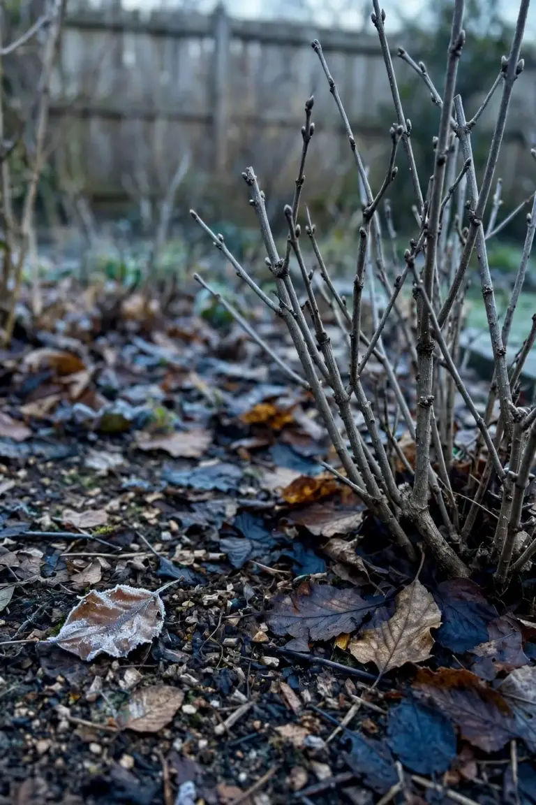 Dormant plant with bare stems resting in a winter garden bed