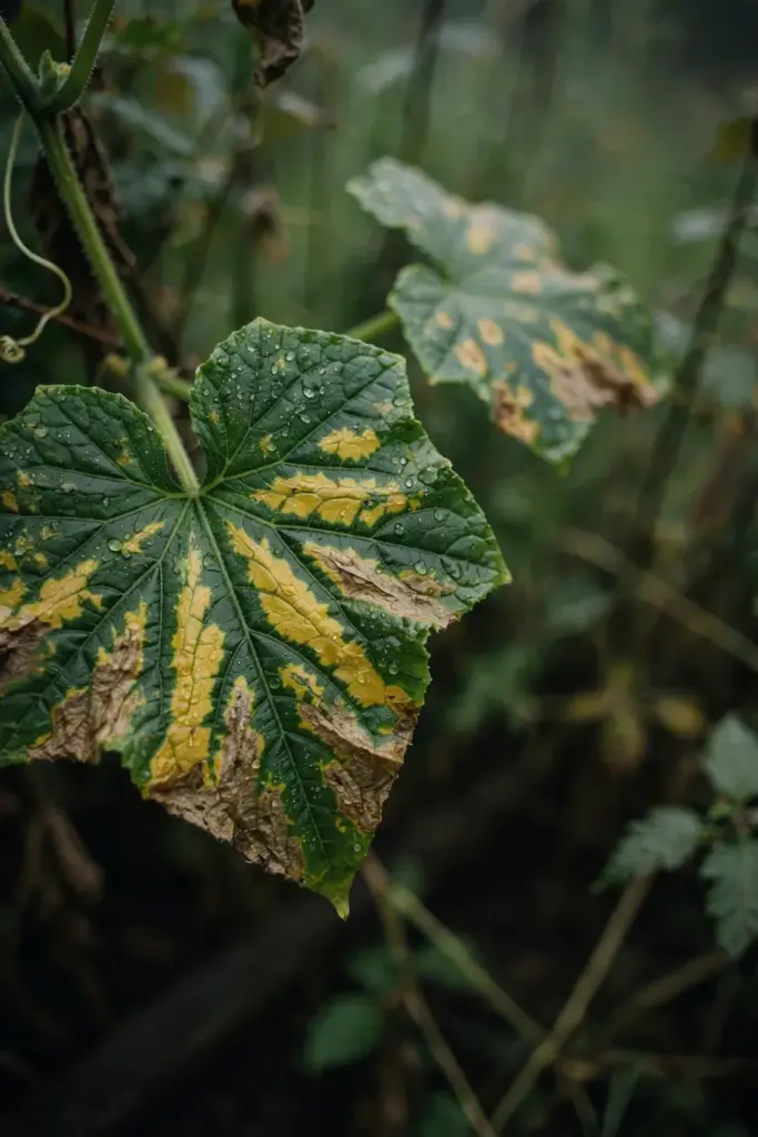 Cucumber leaf with angular yellow patches from downy mildew