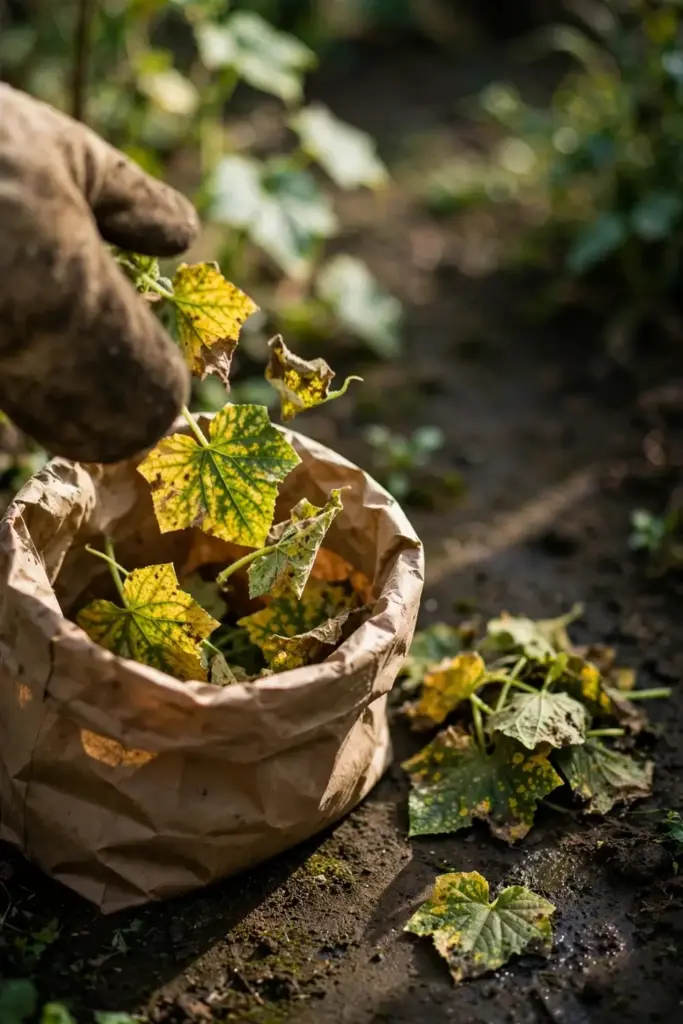 Worn garden mitt dropping spotted cucumber leaves into a paper waste bag.