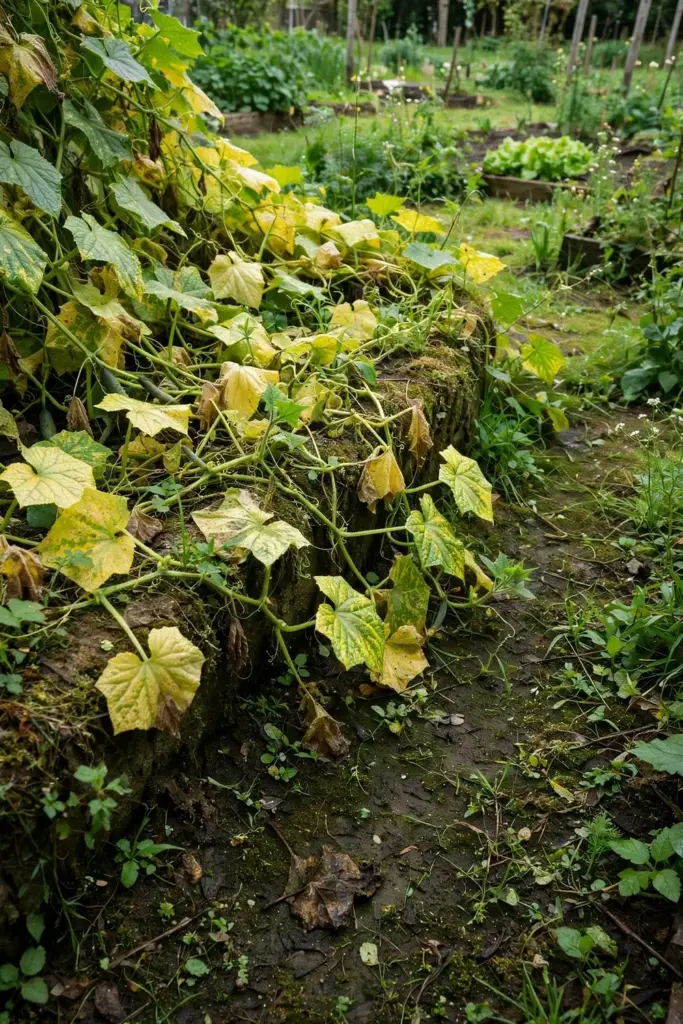 Crowded shaded bed with tangled cucumber vines and yellowing lower leaves.