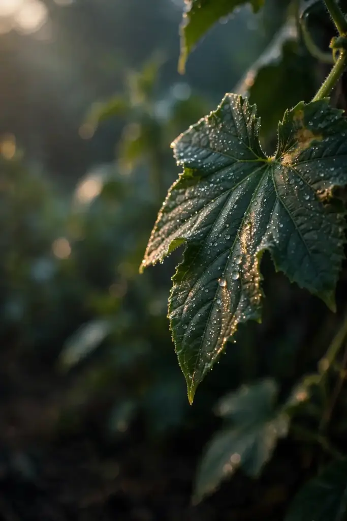 Dew drops beading on a cucumber leaf at dawn.