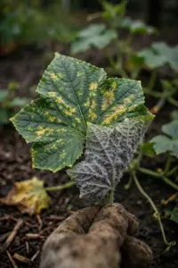 Cucumber leaf with downy mildew held up, gray-purple fuzz on the underside