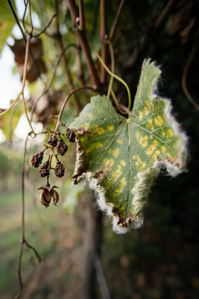 Grape leaf with oily yellow spots and a cluster of shriveled brown berries.