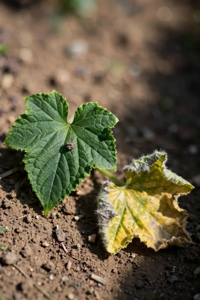 Healthy deep green cucumber leaf beside a yellow-patched downy mildew leaf.