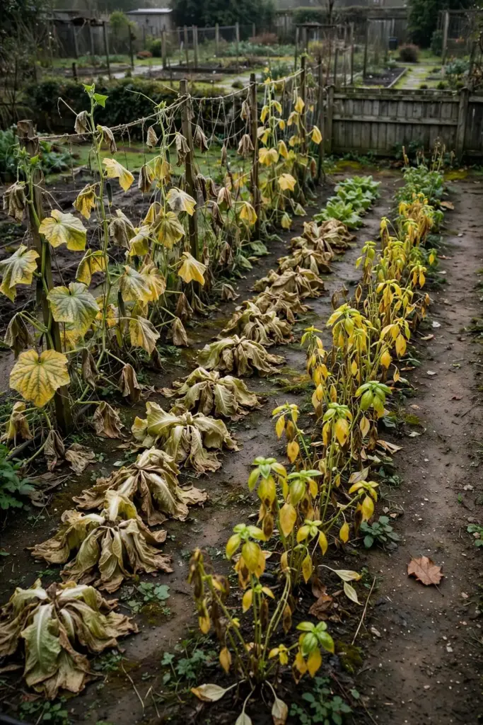 Vegetable bed with yellowing cucumber, lettuce, and basil rows hit by downy mildew.