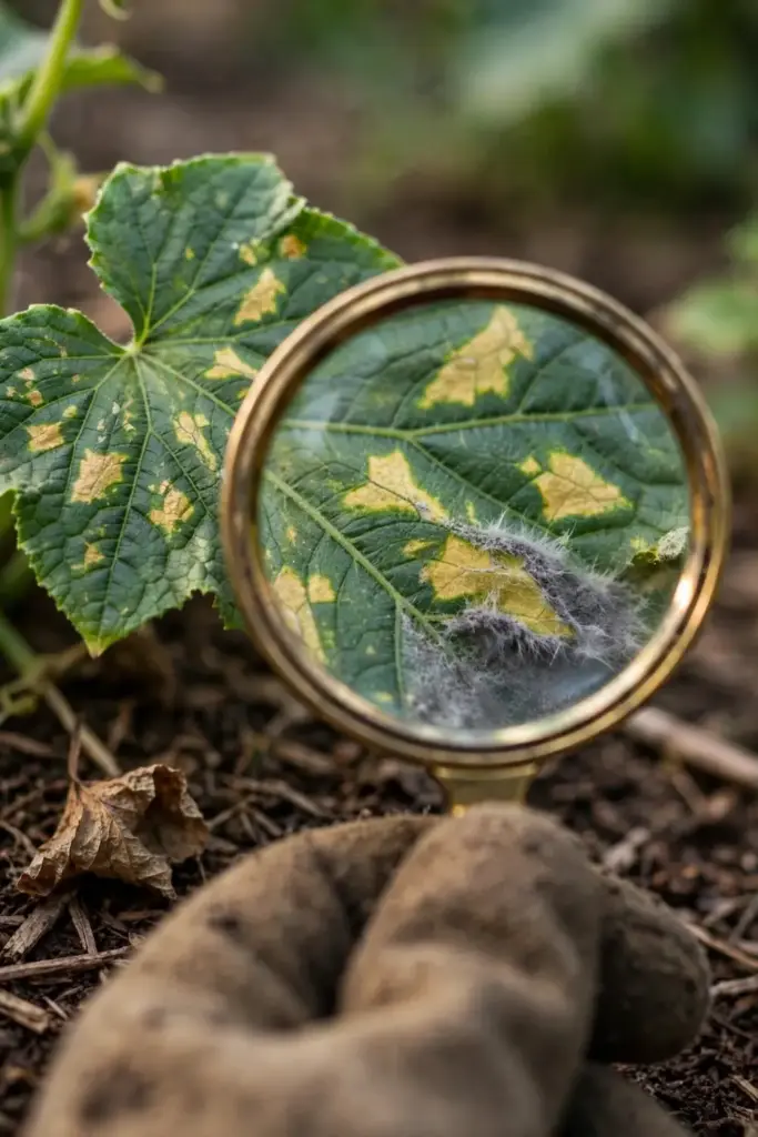 Magnifying glass over a cucumber leaf spotted by downy mildew.