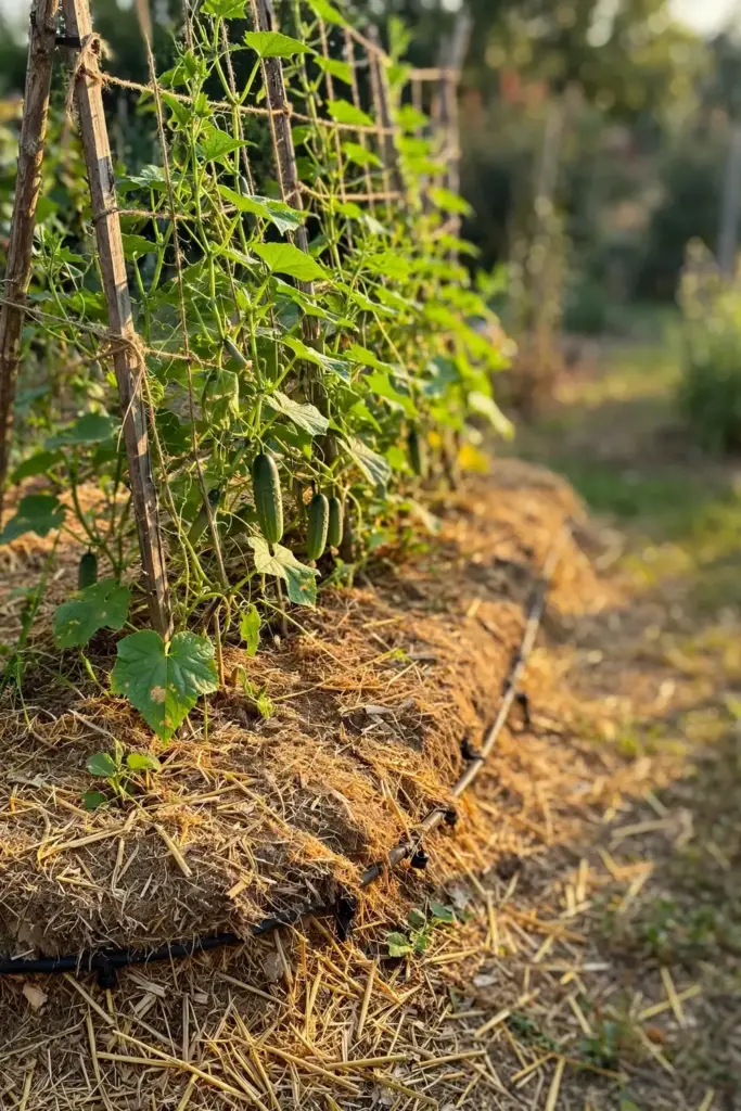 My own cucumber bed growing healthy vines despite downy mildew history.