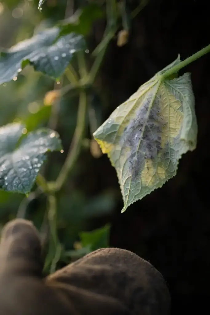 Worn garden mitt flipping a cucumber leaf to check its underside at dawn.