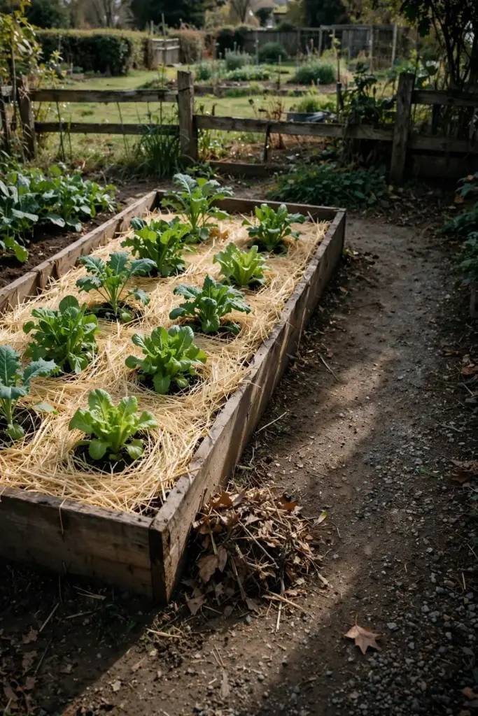 Freshly mulched and cleaned vegetable bed with healthy green plants.