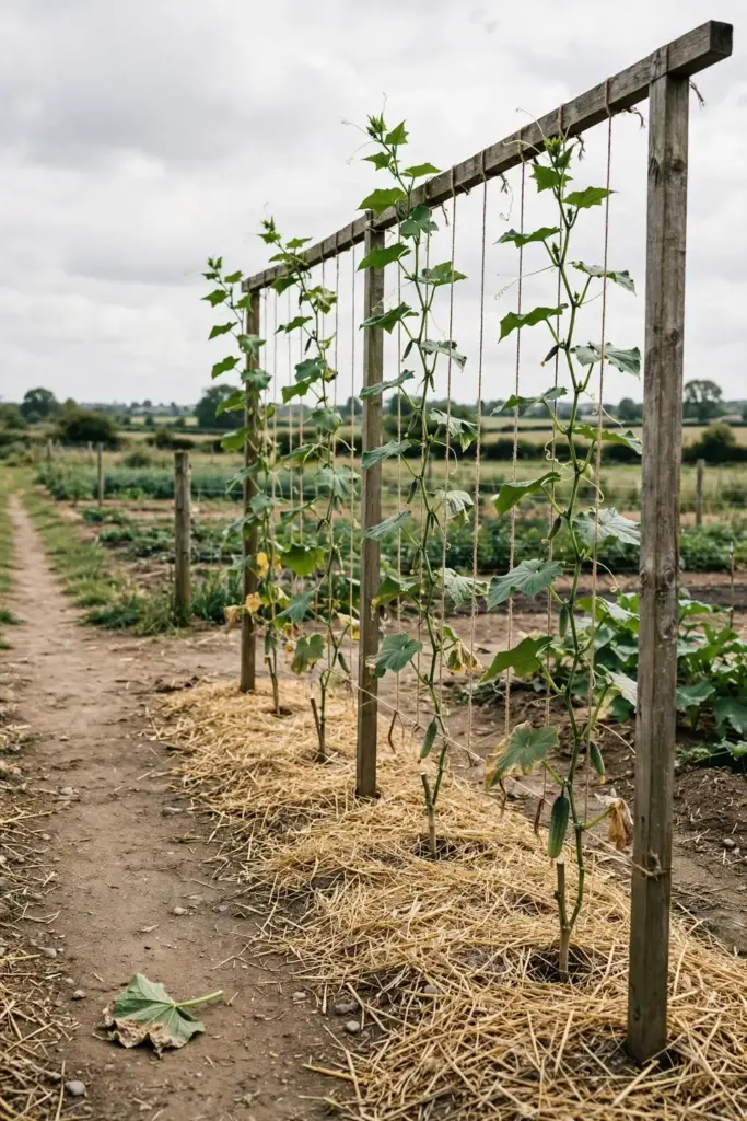 Staked cucumber vines with wide spacing and an open airy canopy.