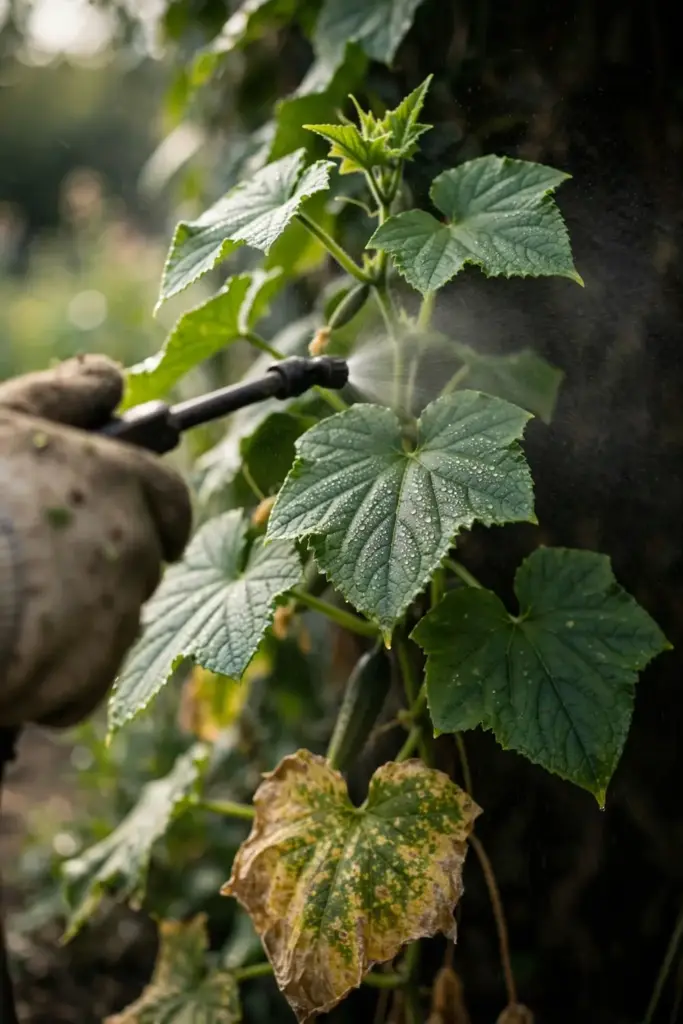 Worn garden mitt holding a sprayer wand misting green cucumber leaves.
