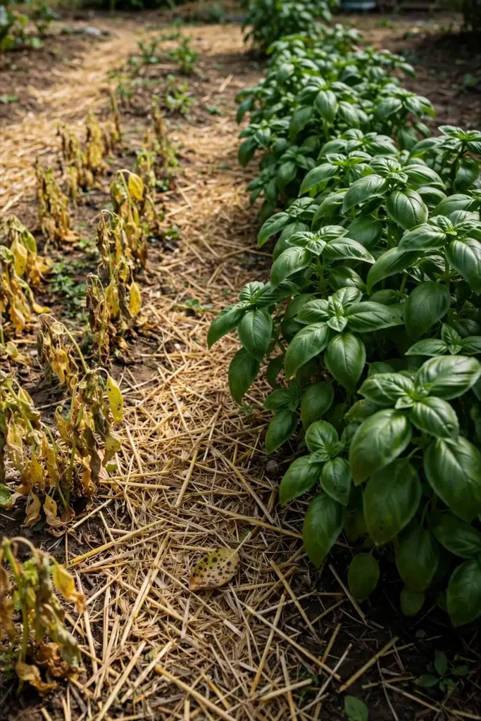 Healthy resistant basil row beside a collapsed susceptible basil patch.