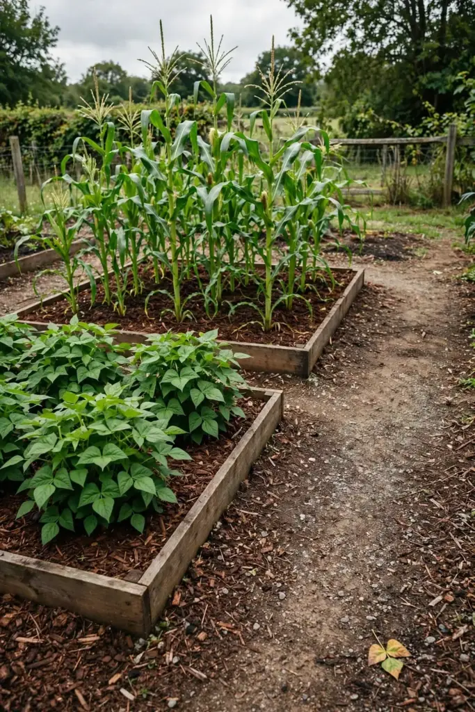 Rotated beds with tall corn and bushy beans where cucumbers grew last season.
