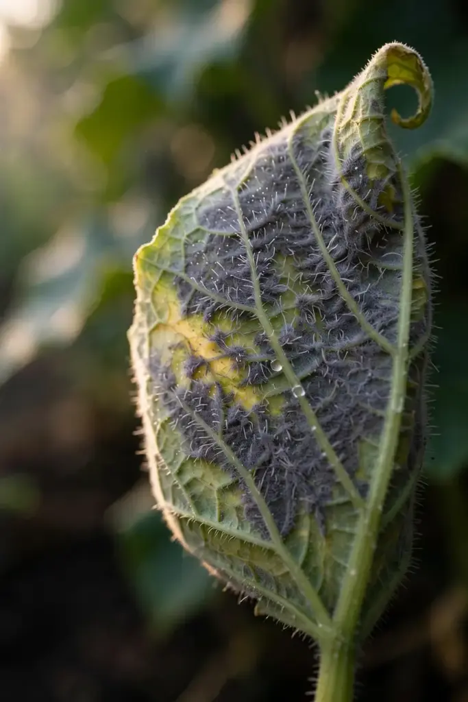 Macro of gray-purple downy mildew sporulation on a cucumber leaf underside.