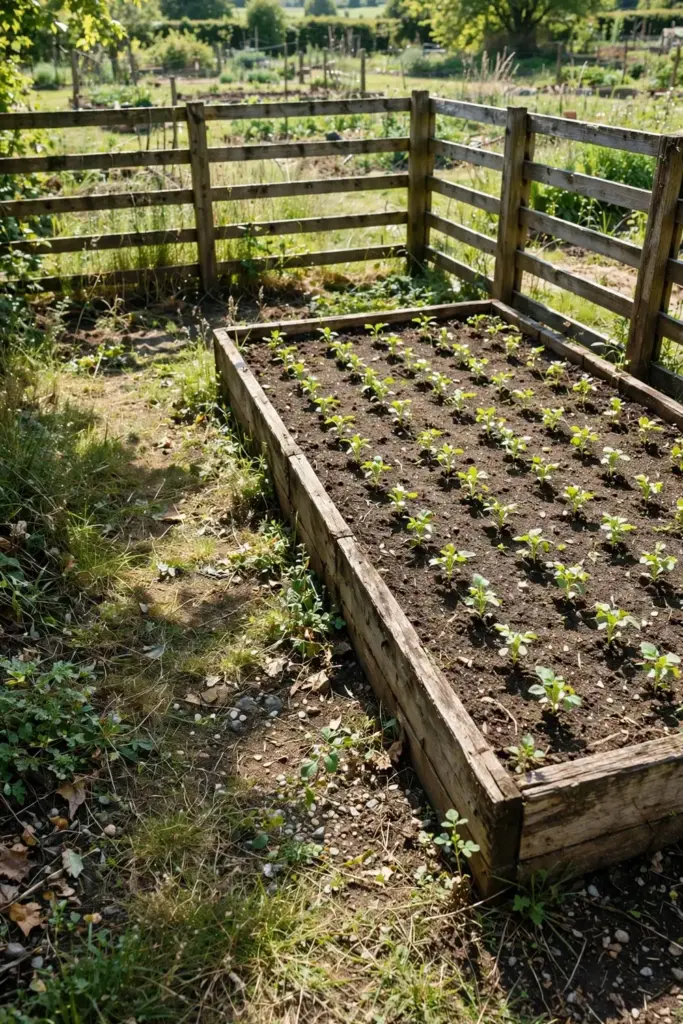 Sunny breezy raised bed with young transplants in widely spaced rows.
