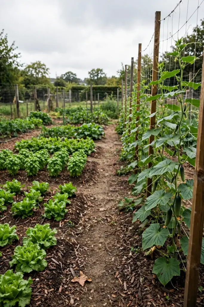 Thriving vegetable garden with trellised cucumbers, basil rows, and lettuce beds.