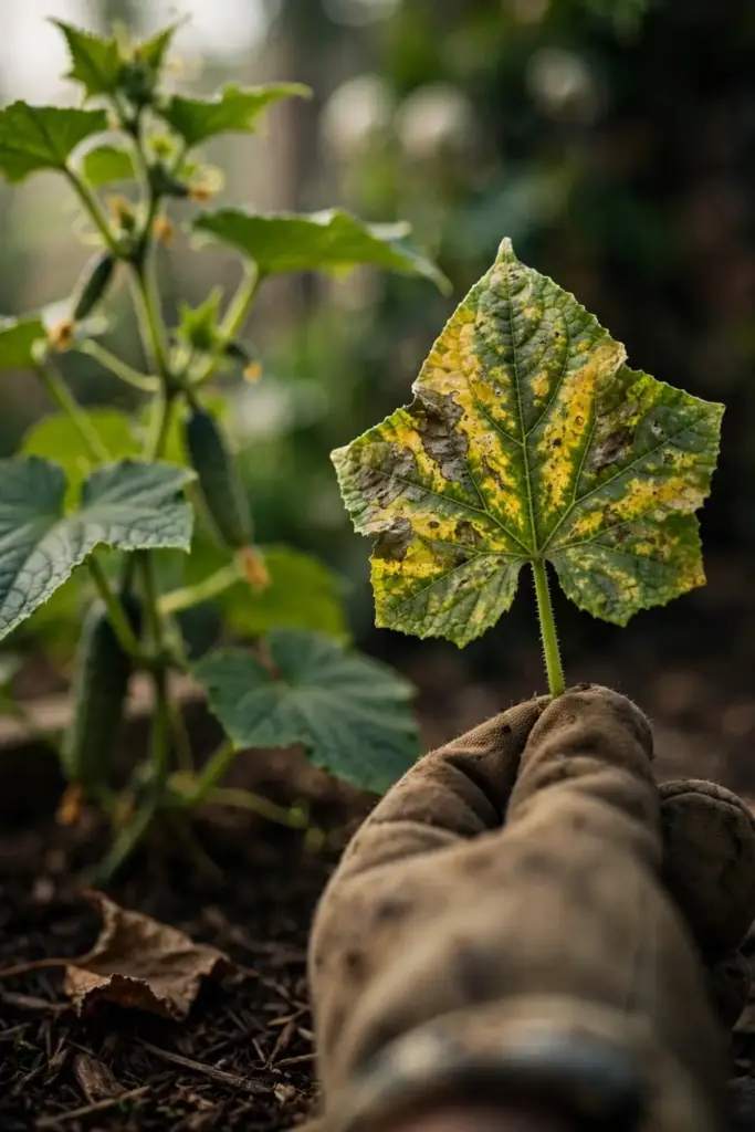 Worn garden mitt holding a yellow-patched cucumber leaf up for triage.