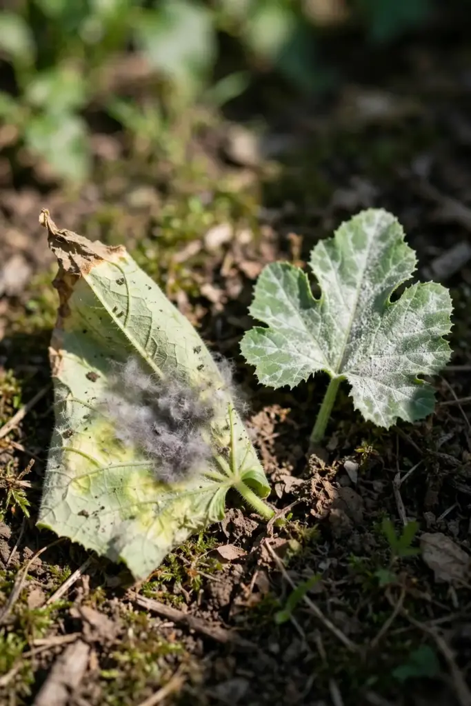 Two leaves side by side: downy mildew fuzz below, powdery mildew coating above.