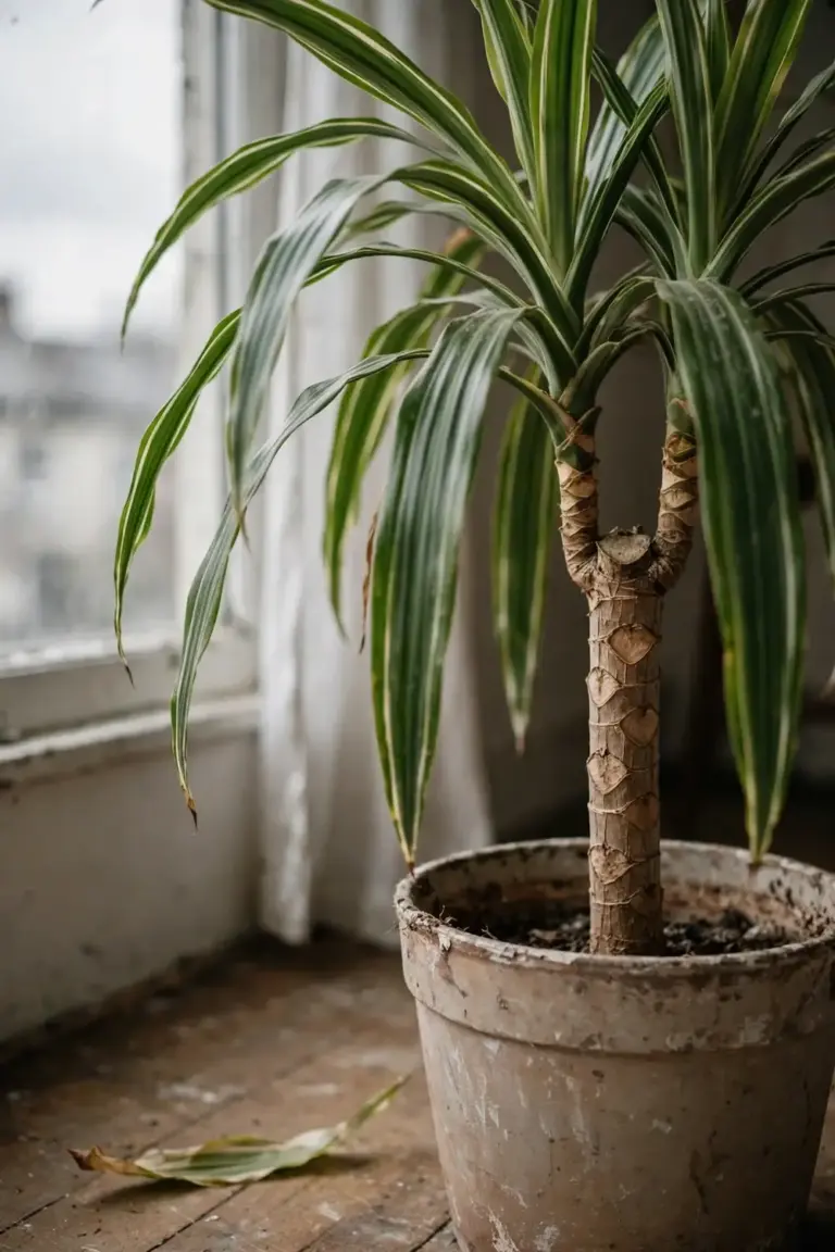 Dracaena cane with diamond leaf scars and strap leaves in a pot