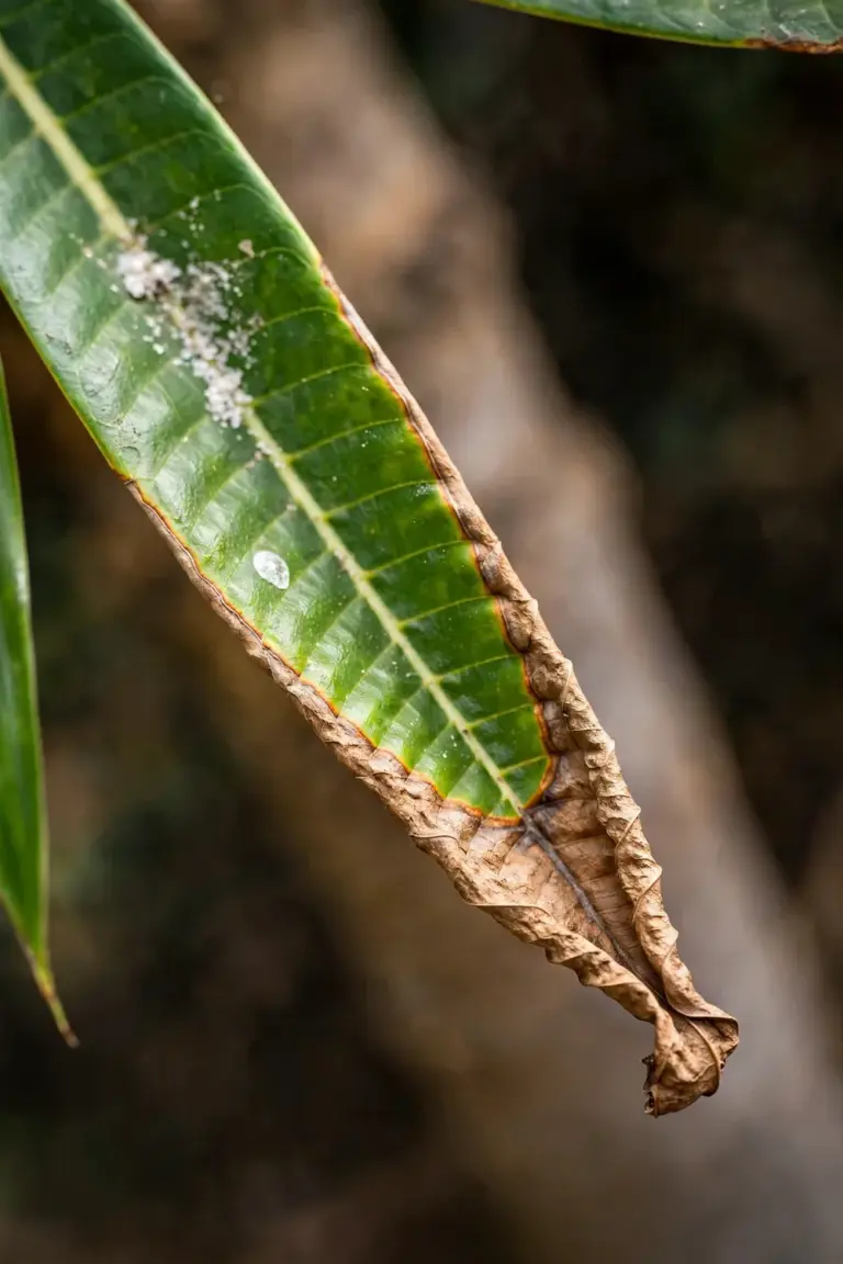 Brown dead leaf tips on a dragon tree leaf caused by fluoride in tap water