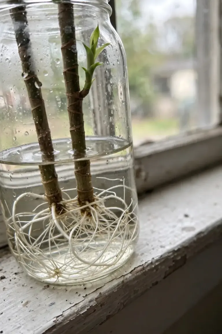 Dracaena cane cuttings rooting in a glass jar of water on a windowsill