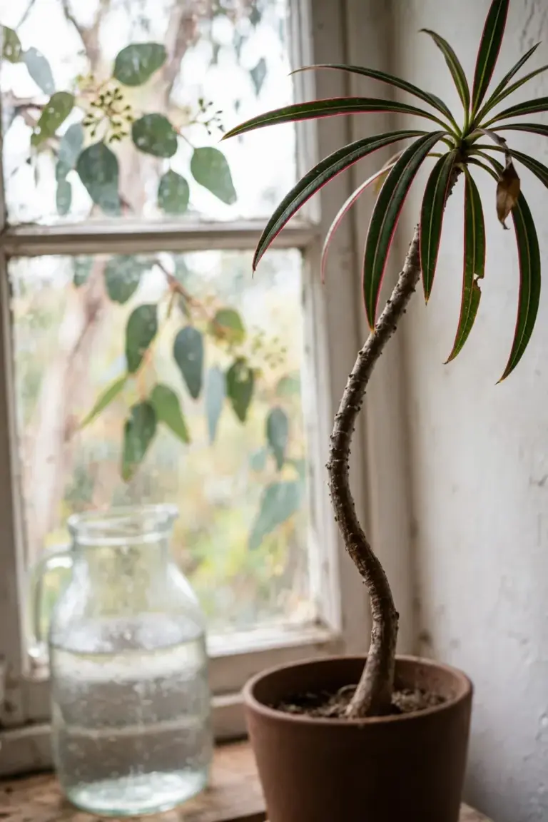 Dragon tree beside a bright north-facing window with a jug of rainwater