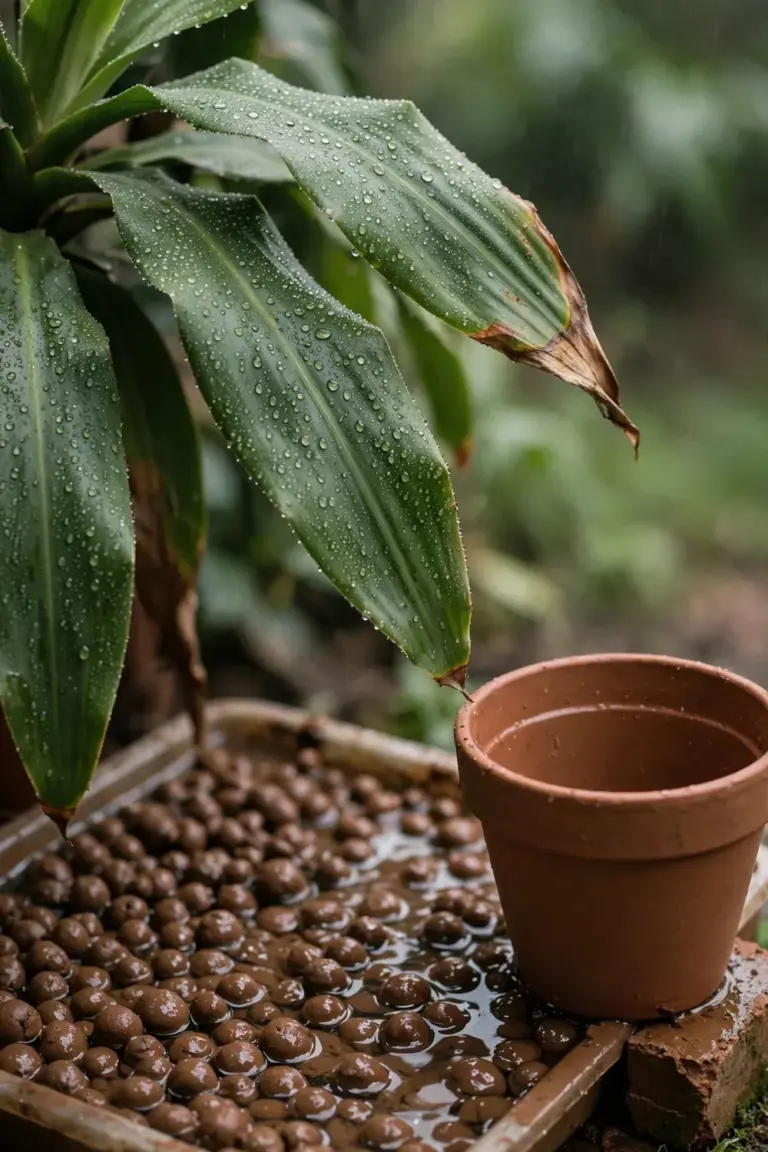 Mist beads on corn plant leaves above a pebble tray of wet clay pebbles