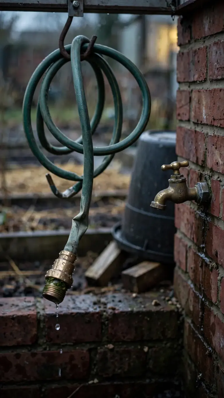 Drained garden hose coiled in the shed and an exterior spigot left cracked