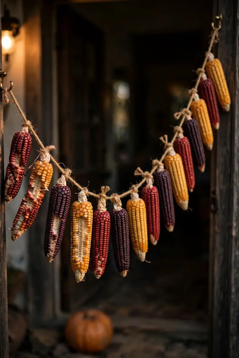 A garland of dried corn ears in red, purple, and gold hanging across a doorway on jute twine