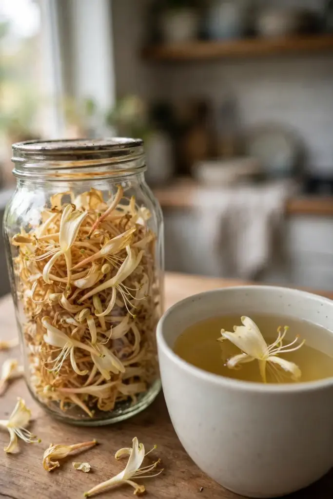 Glass jar of home-dried honeysuckle flowers beside a cup of brewed tea