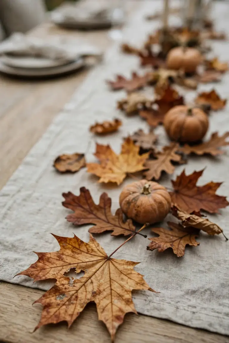 Dried oak and maple leaves scattered along a table runner with three mini pumpkins