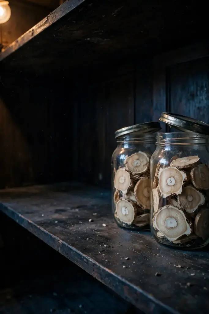 Glass jars of dried peony root slices on a dark pantry shelf