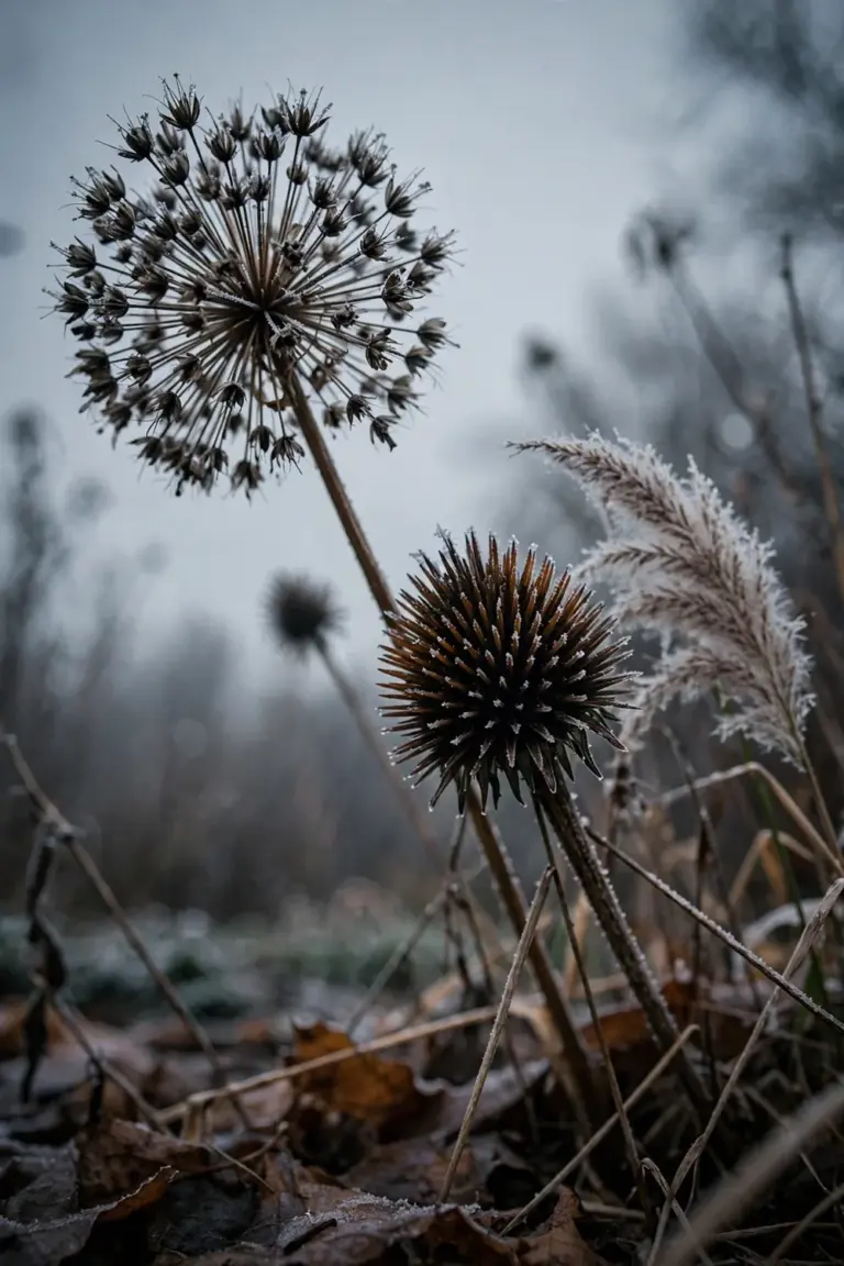 Dried allium globes, echinacea cones and grass plumes standing in a fall border under gray sky
