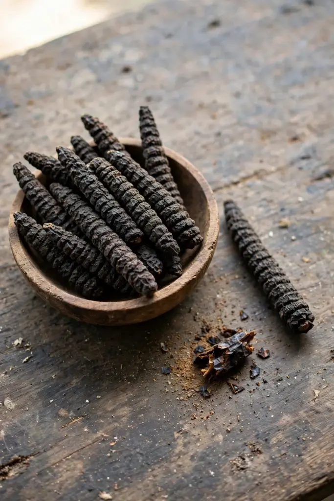 Dried Javanese long pepper spikes in a small wooden bowl