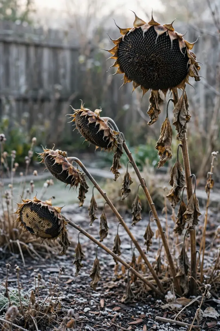 Dried sunflower heads standing on tall stalks in a back-corner bed, seed heads tilted toward flat morning light