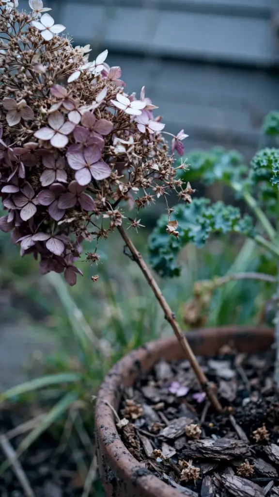 Dried hydrangea heads with papery florets tucked into a planted pot