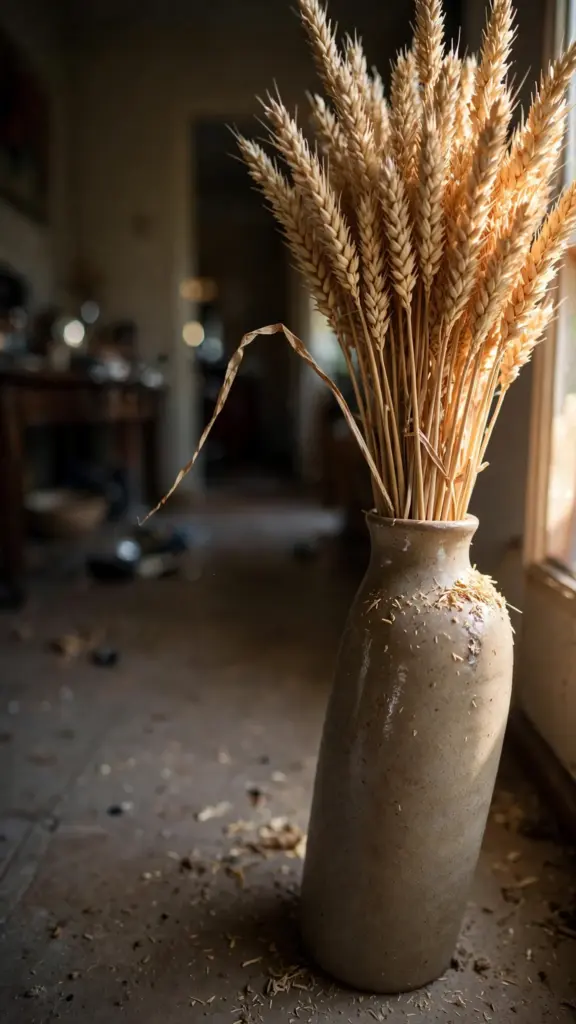 Bundle of dried wheat standing in a tall narrow vase